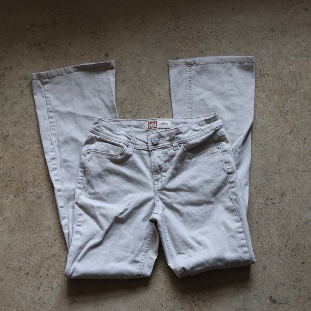 Vintage L.E.I. Sophia Hipster Flare Jeans Cream Low Rise Stretch Denim Sz 7 y2k